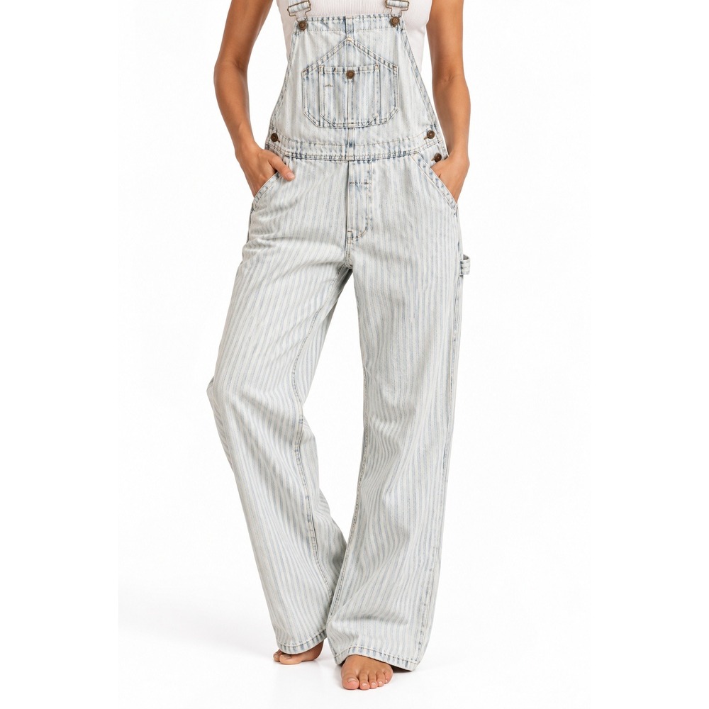 Faherty Brand Women Striped Denim Overalls sz Medium Herringbone Railroad